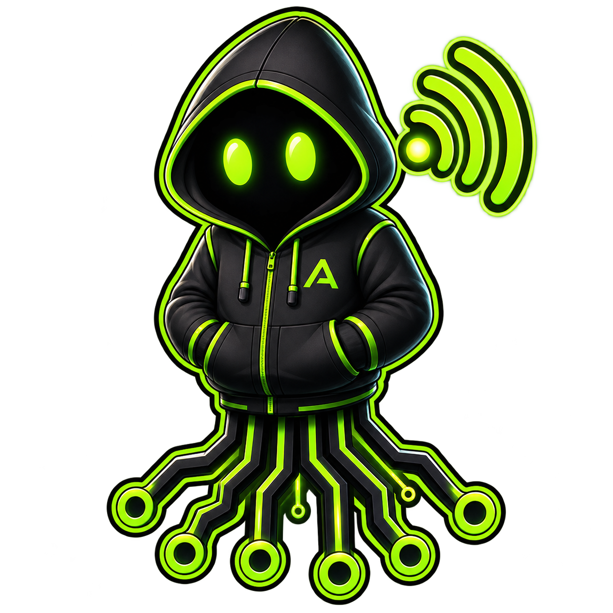 AQROOT's hooded circuit mascot sending a wireless signal
